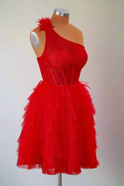 One Shoulder Red Lace Corset Ruffle Short Homecoming Dress