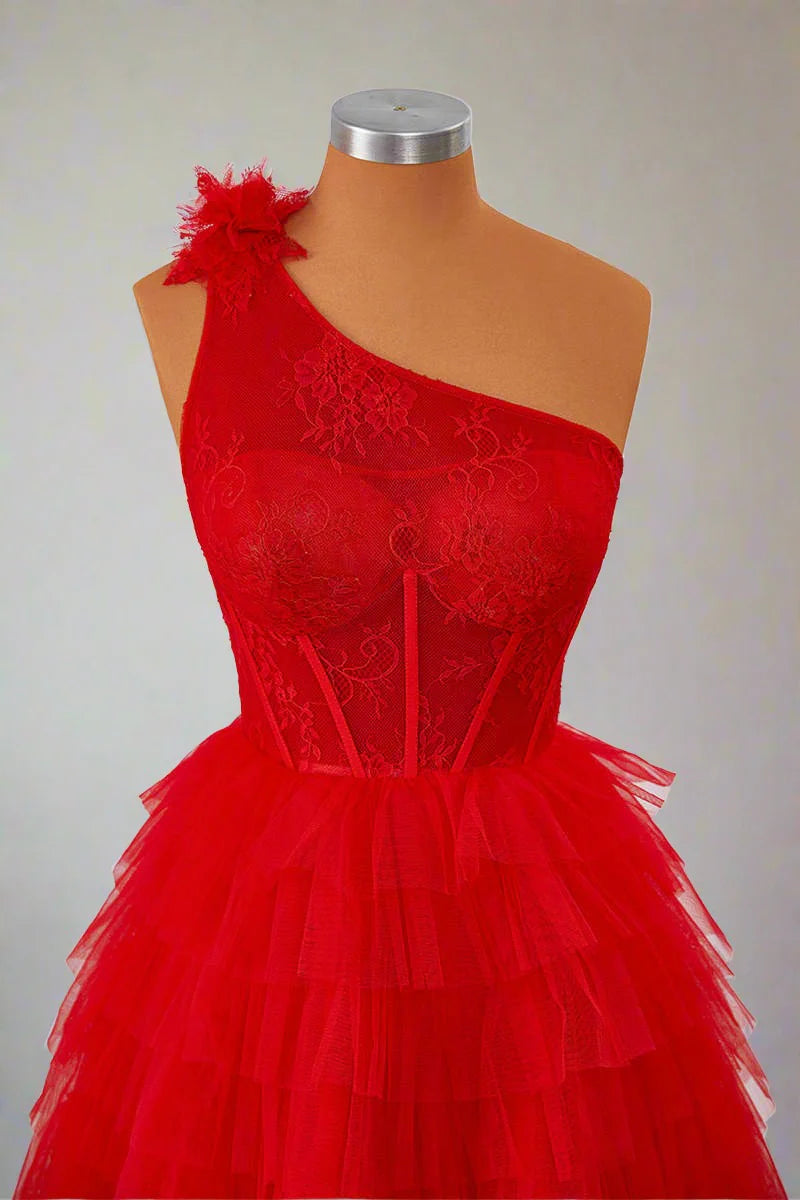 One Shoulder Red Lace Corset Ruffle Short Homecoming Dress