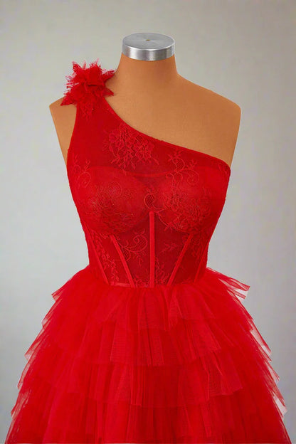 One Shoulder Red Lace Corset Ruffle Short Homecoming Dress