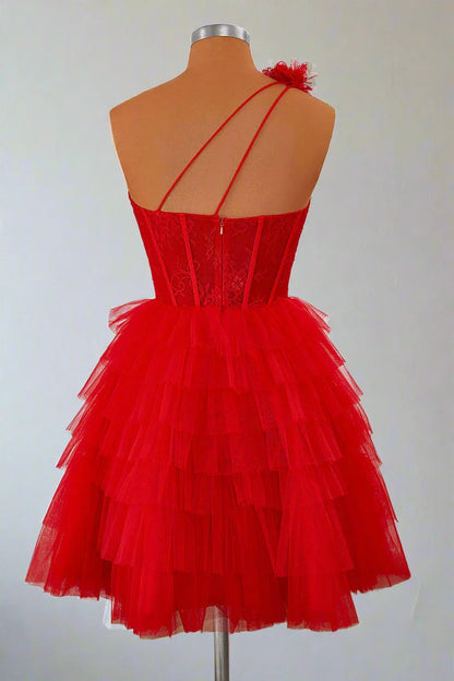 One Shoulder Red Lace Corset Ruffle Short Homecoming Dress