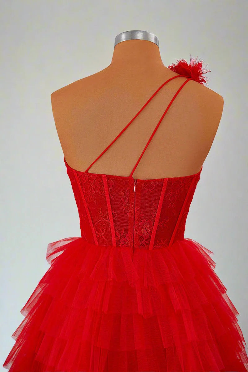 One Shoulder Red Lace Corset Ruffle Short Homecoming Dress