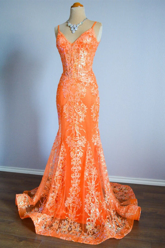 Orange Mermaid Spaghetti Straps Sequins Applique Long Formal Dress