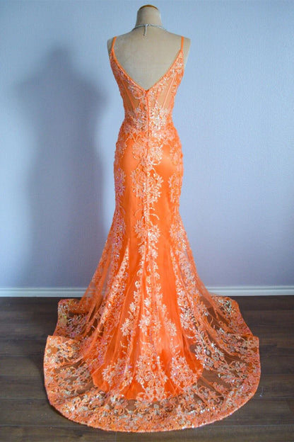 Orange Mermaid Spaghetti Straps Sequins Applique Long Formal Dress