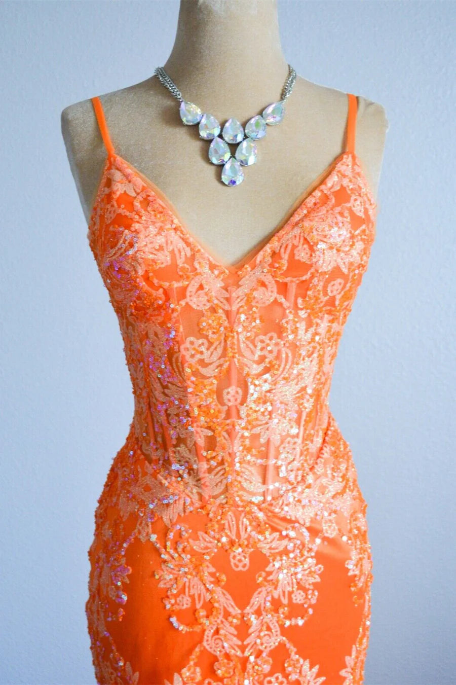 Orange Mermaid Spaghetti Straps Sequins Applique Long Formal Dress