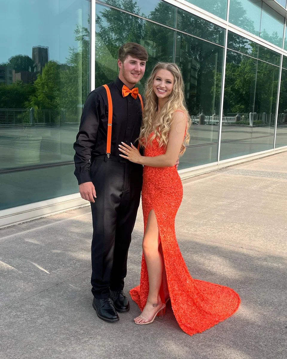 Orange Sequins Mermaid Long Prom Dress