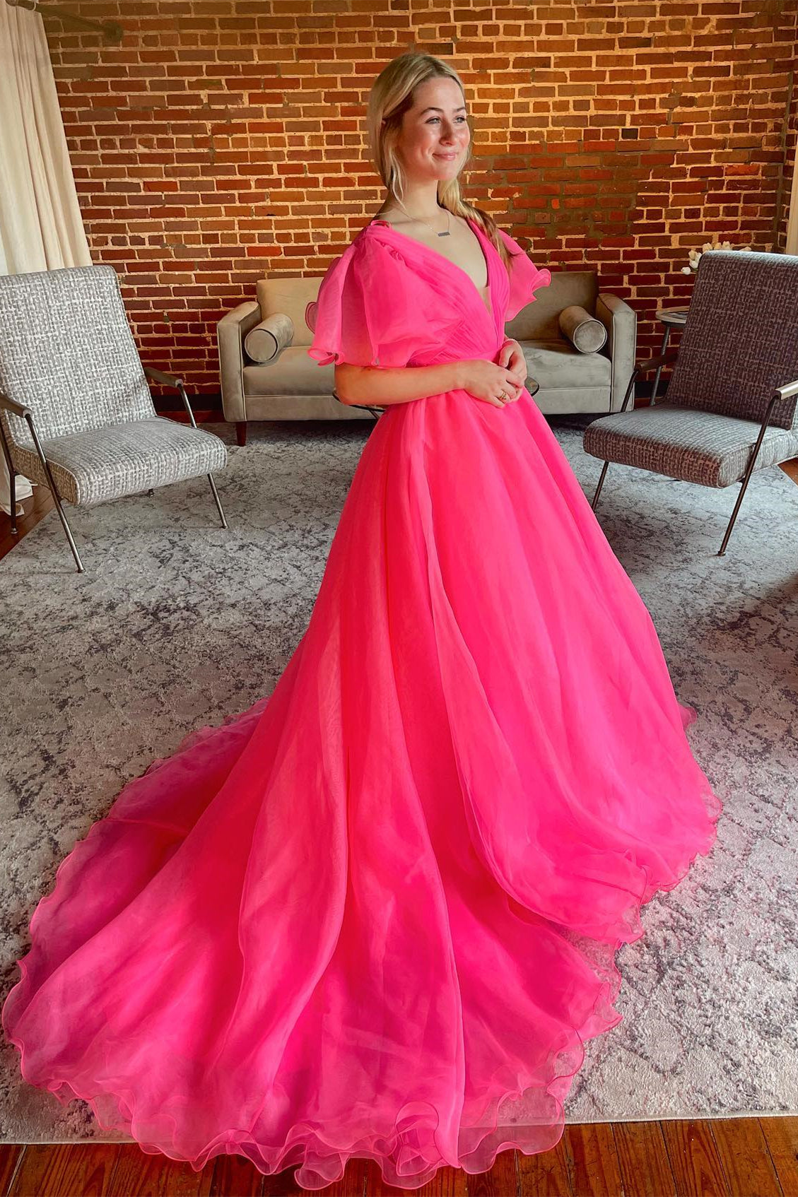 Orange A-line Long Formal Dress with Flutter Sleeves