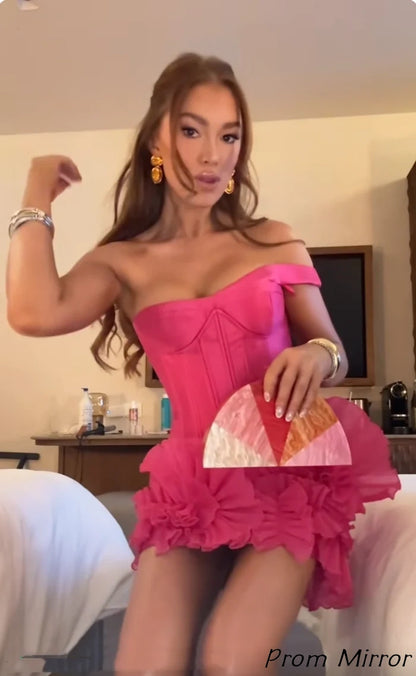 Sweet Pink One-shoulder Tube Top Waisted Fishbone 17th Birthday Homecoming Dress