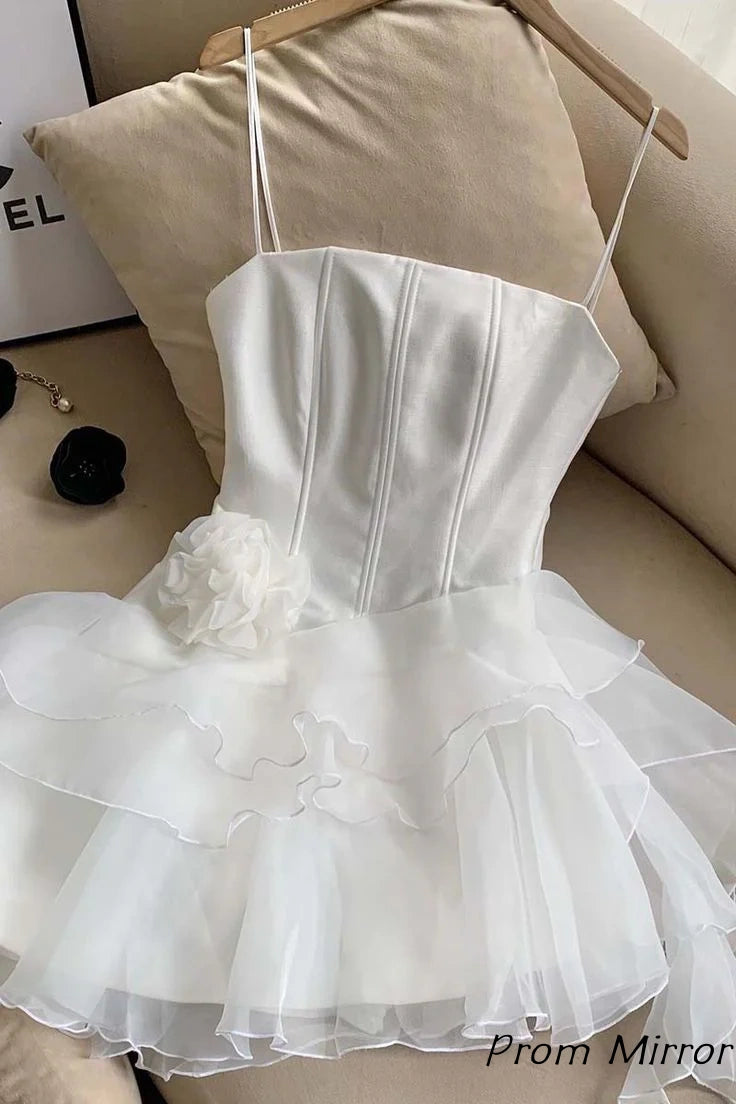 Charming Pink Spaghetti Straps Tulle Satin A-Line Mini Homecoming Dress Short Party Dress