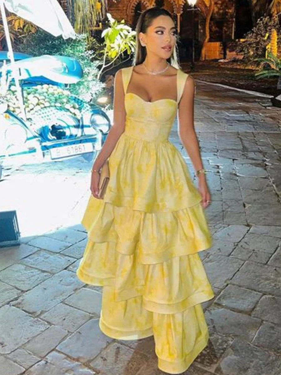 Pastel Yellow Ruffle Tiered A-Line Long Party Prom Dress