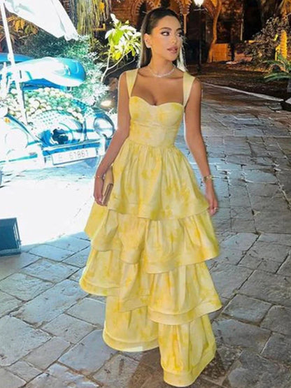 Pastel Yellow Ruffle Tiered A-Line Long Party Prom Dress