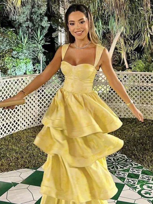 Pastel Yellow Ruffle Tiered A-Line Long Party Prom Dress