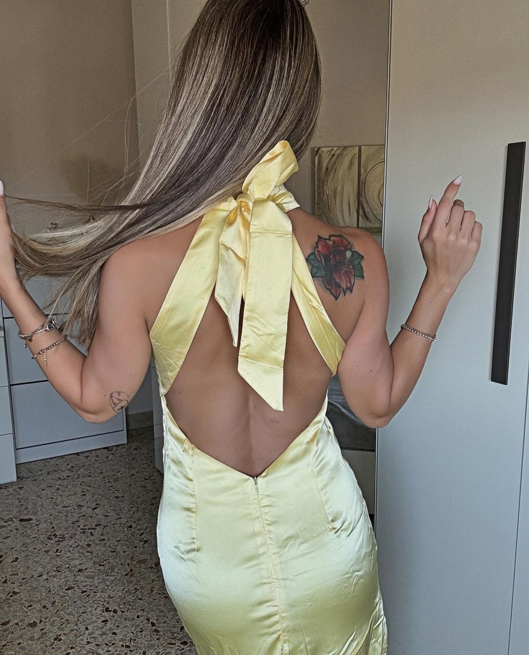 Pastel Yellow Satin Long Prom Dresses Halter Senior Dance Dress