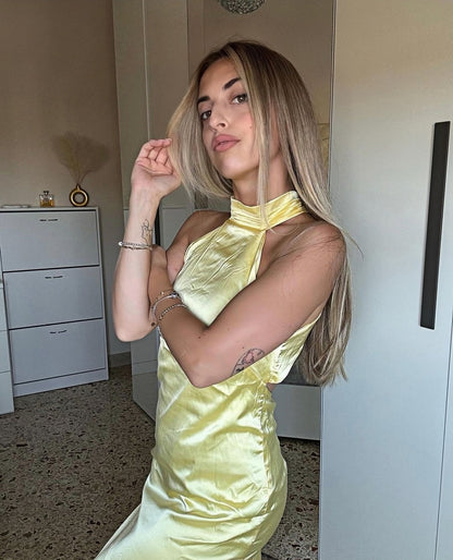 Pastel Yellow Satin Long Prom Dresses Halter Senior Dance Dress