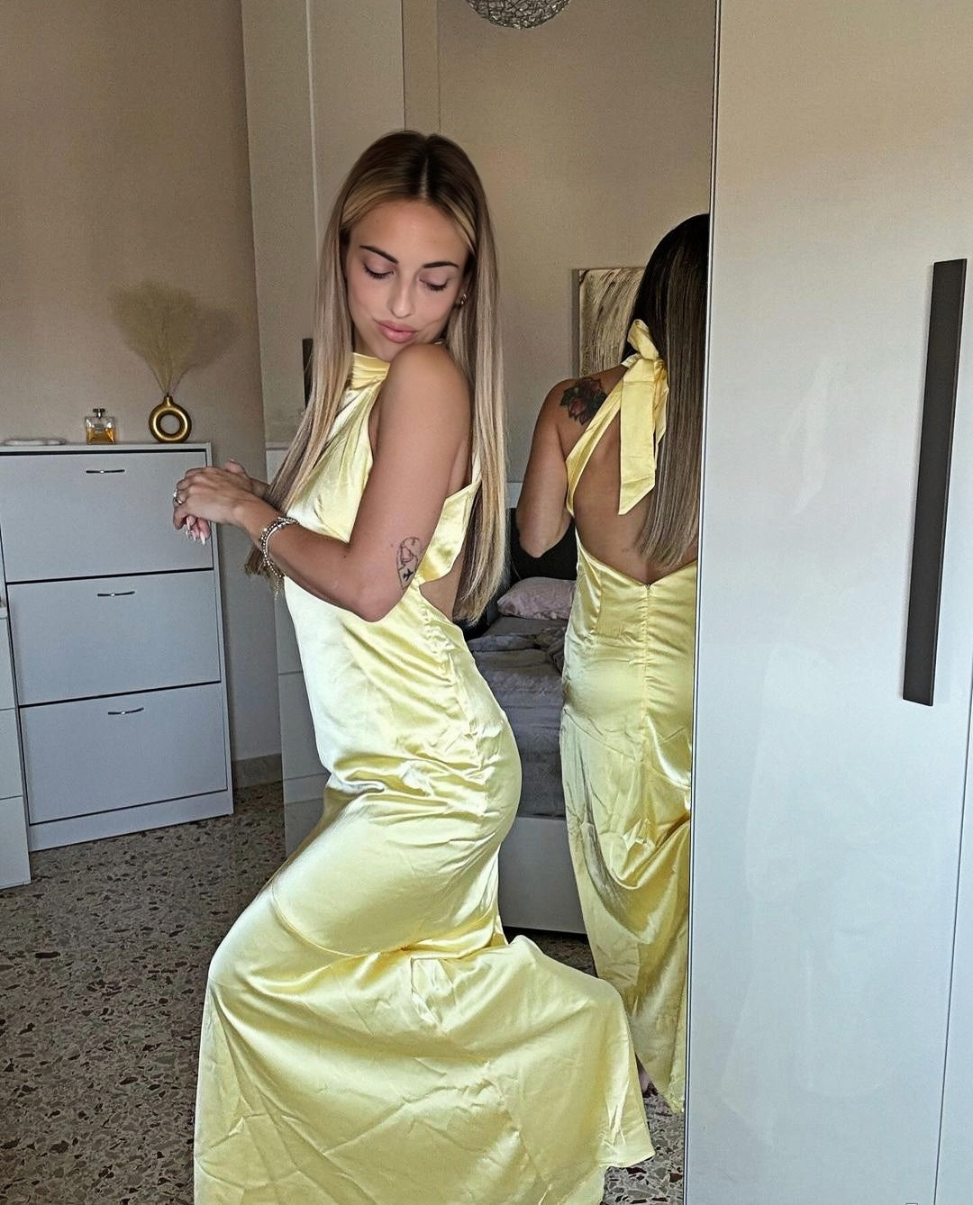 Pastel Yellow Satin Long Prom Dresses Halter Senior Dance Dress