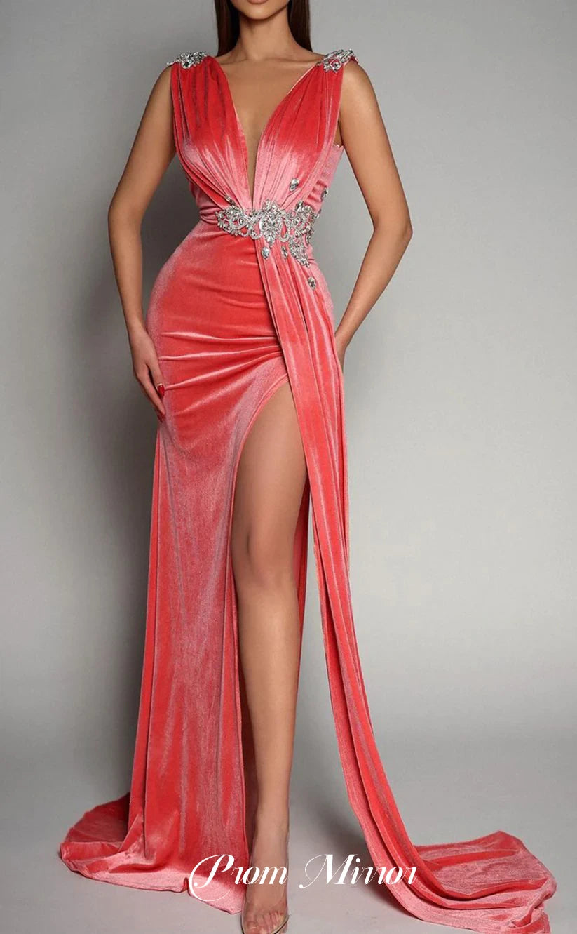 Peach Pink Velvet Prom Dresses, Sexy V-Neck Beaded Party Dresses