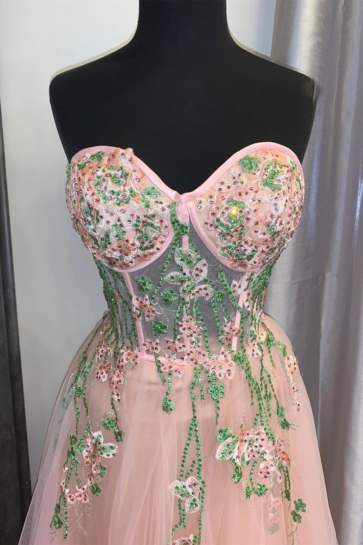 Peach Tulle Sweetheart Floral Embroidery Long Prom Dress