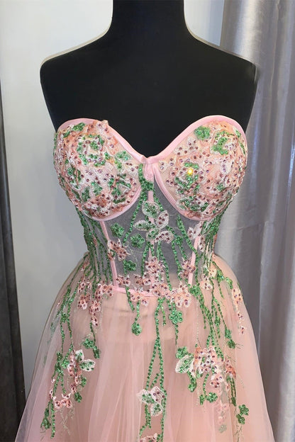 Peach Tulle Sweetheart Floral Embroidery Long Prom Dress