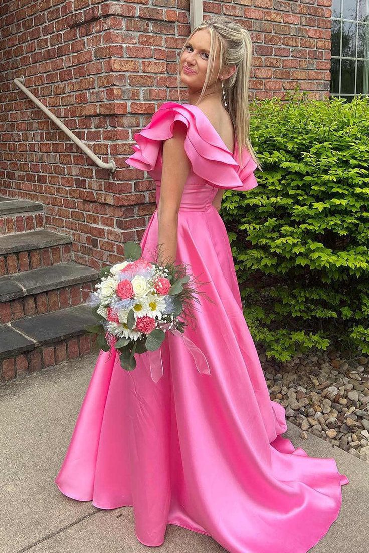 Pink A-Line Split Long Prom Dress