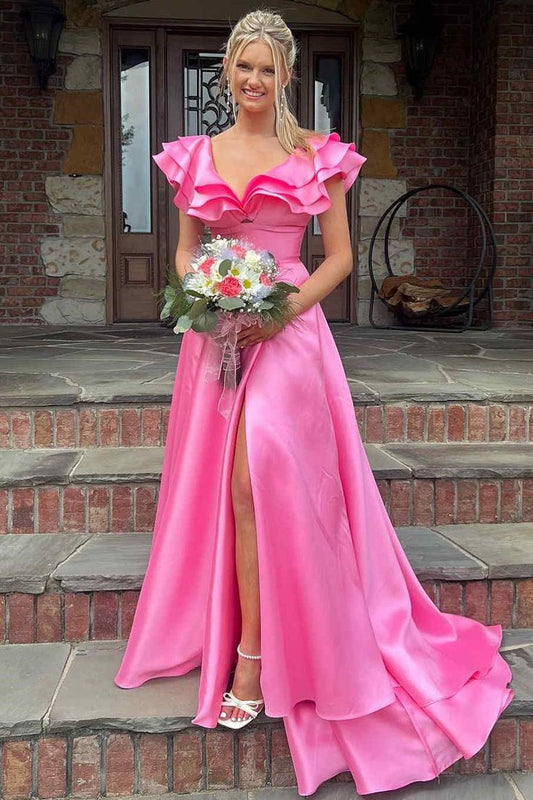Pink A-Line Split Long Prom Dress
