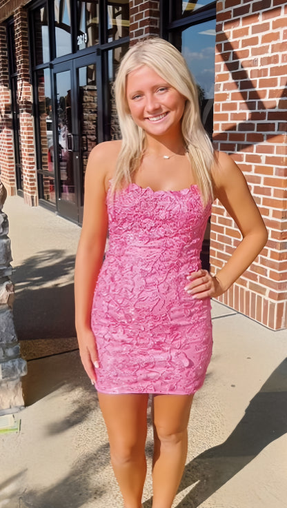 Pink Applique Beaded Tight Homecoming Dress