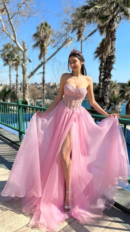 Pink Applique Evening Prom Dresses, A-Line Slit Formal Gown