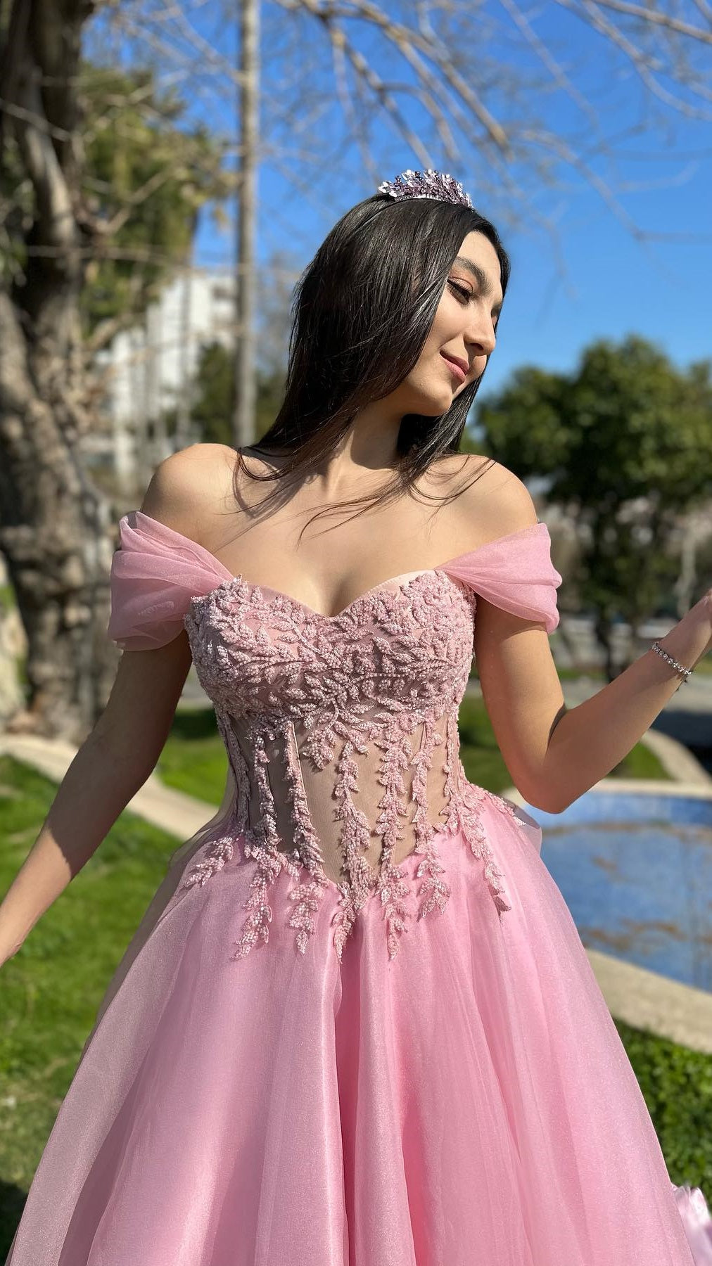 Pink Applique Evening Prom Dresses, A-Line Slit Formal Gown