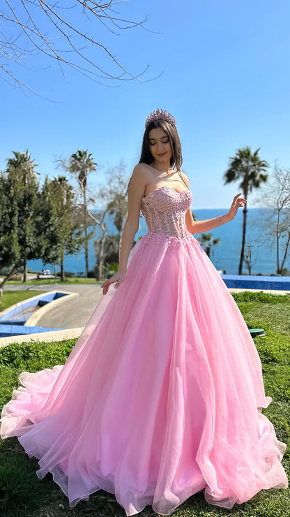 Pink Applique Evening Prom Dresses, A-Line Slit Formal Gown