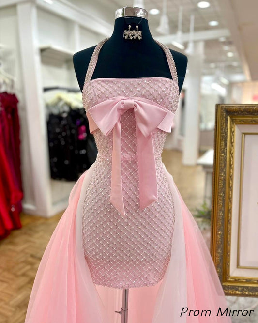 Pink Halter Beaded Bodycon Homecoming Dress With Detachable Train