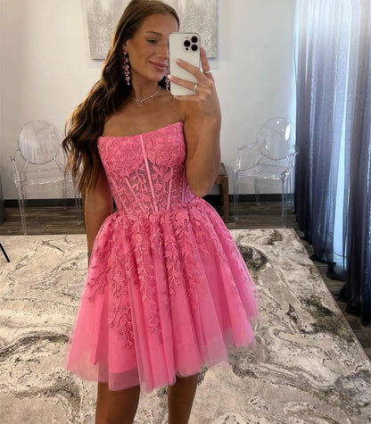 Pink Homecoming Dress Applique Short Hoco Dresses