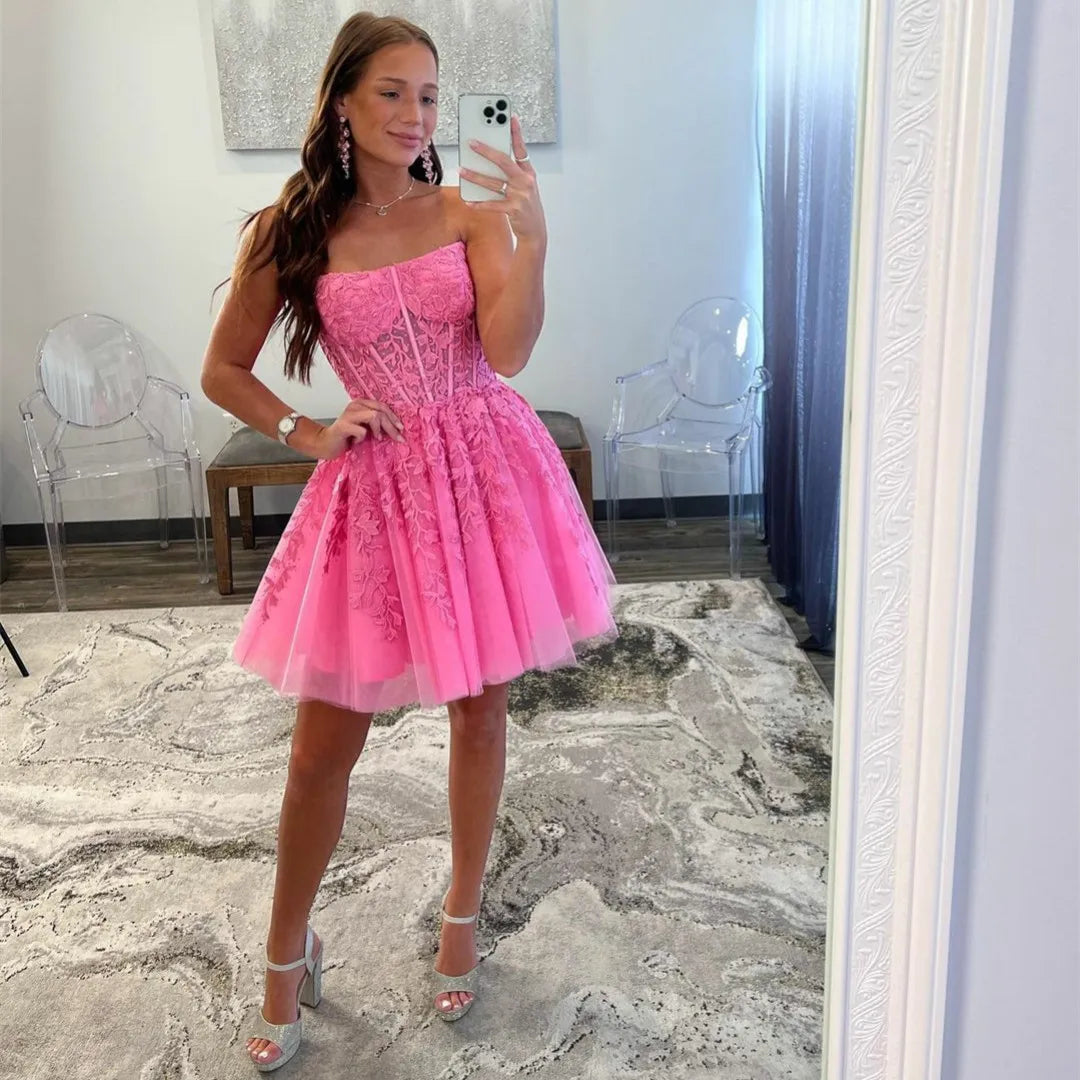 Pink Homecoming Dress Applique Short Hoco Dresses