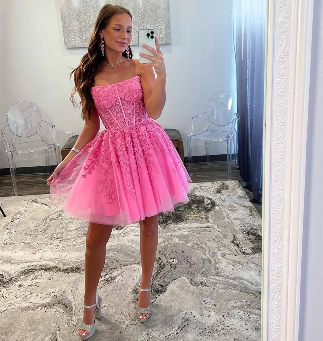 Pink Homecoming Dress Applique Short Hoco Dresses