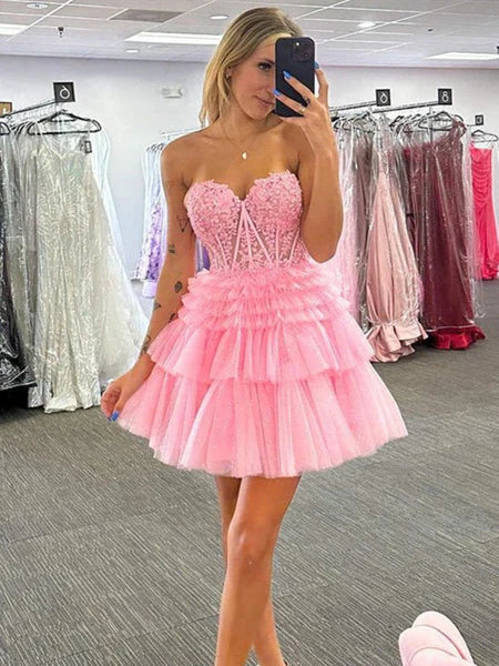 Pink Lace Sweetheart Homecoming Dresses