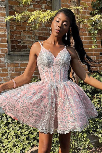 Pink Lace V-Neck Homecoming Dress Mini Party Dresses