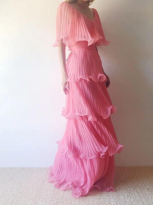 Pink Organza Pleated Layers Long Evening Prom Dress Off The Shoulder Party Dresses