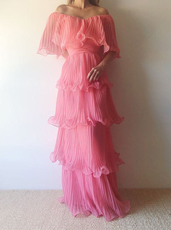 Pink Organza Pleated Layers Long Evening Prom Dress Off The Shoulder Party Dresses