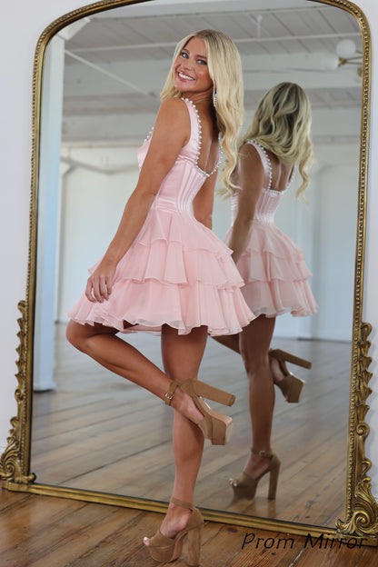 Pink Pearl Beaded Satin Chiffon Homecoming Prom Dresses