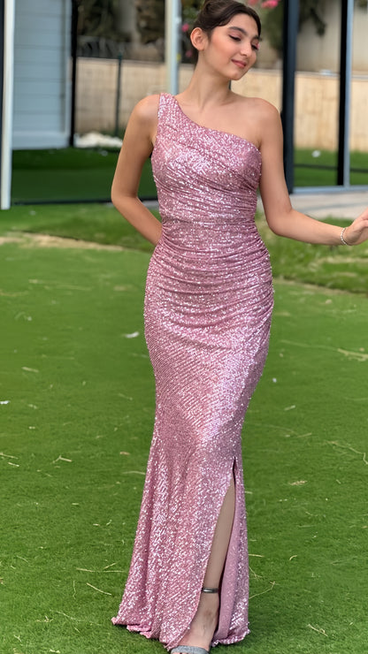 Pink Sequin Mermaid Long Evening Prom Dress