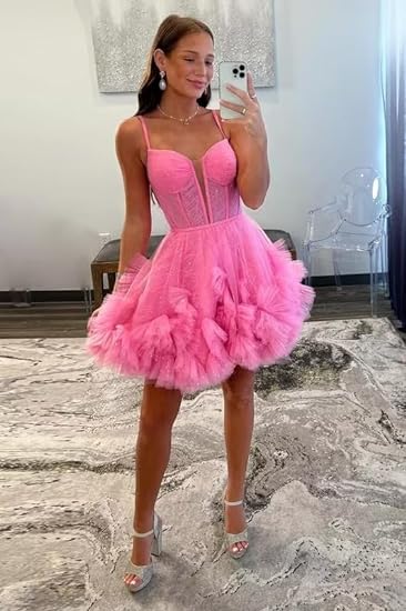 Pink Spaghetti Straps Tulle Homecoming Dresses