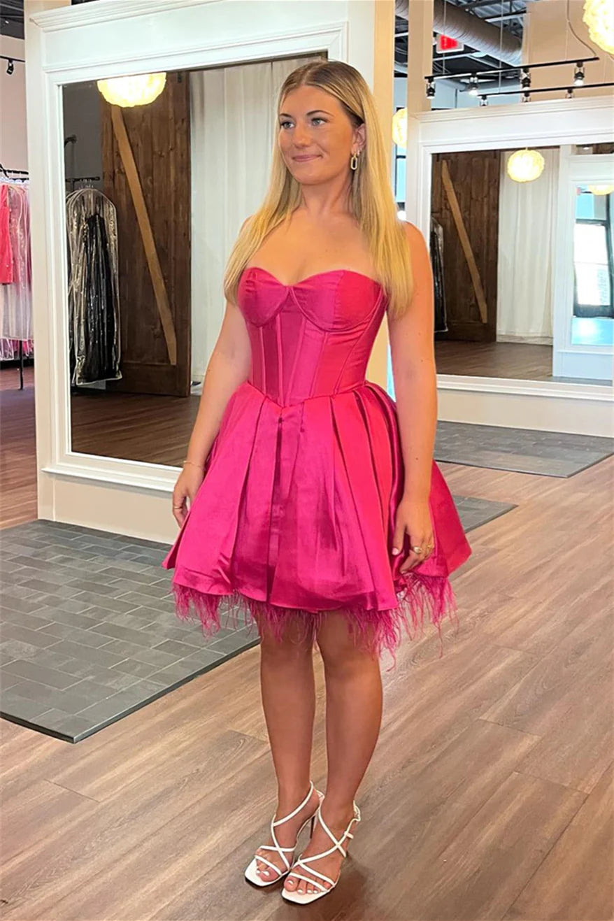 Pink Strapless Lace-Up A-line Satin Homecoming Dress with Feathers