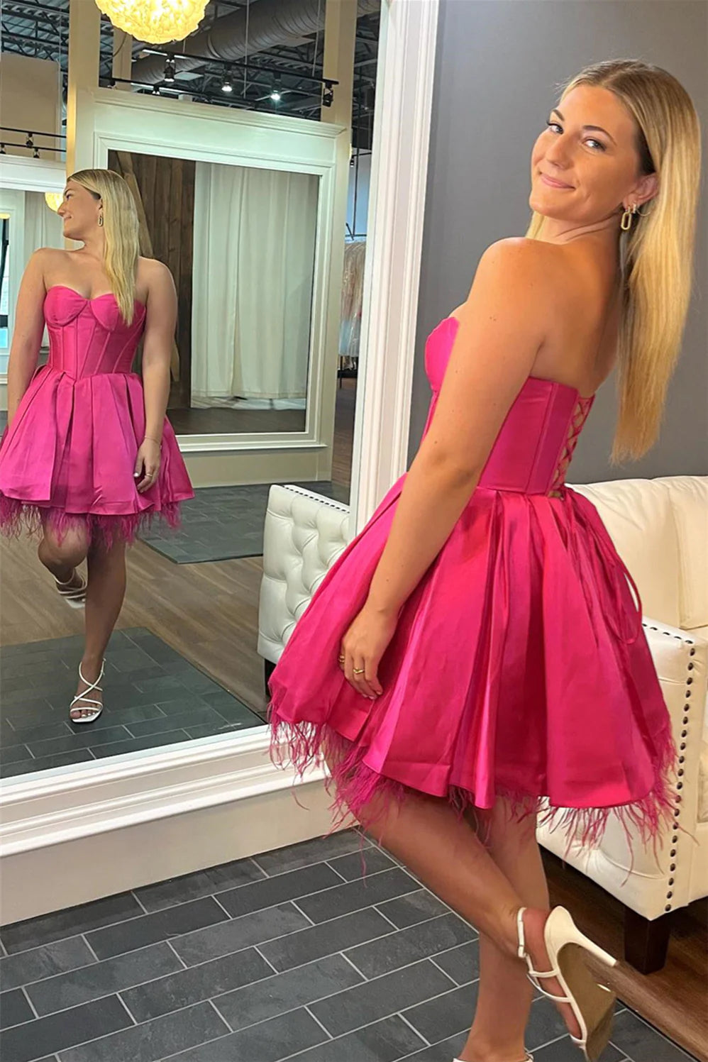 Pink Strapless Lace-Up A-line Satin Homecoming Dress with Feathers