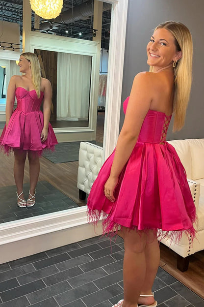 Pink Strapless Lace-Up A-line Satin Homecoming Dress with Feathers