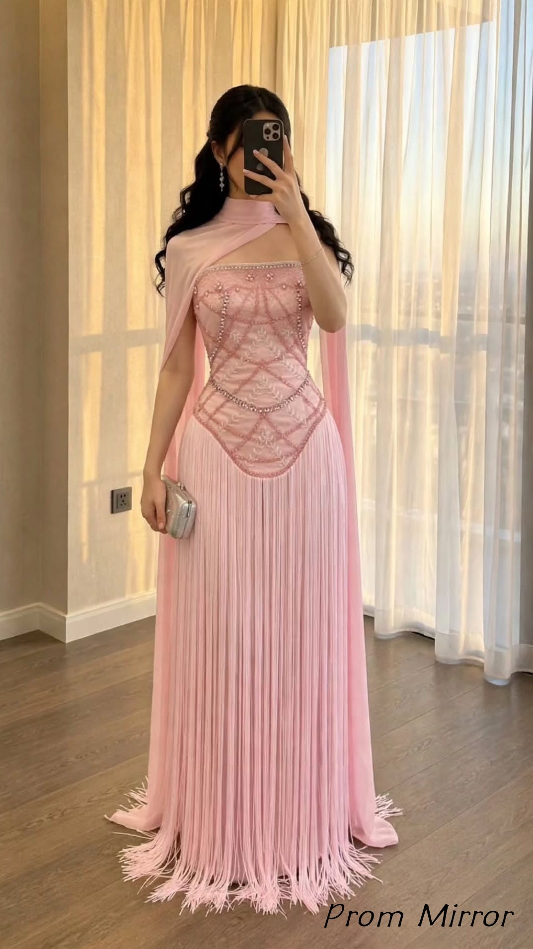 Pink Strapless Mermaid Prom Dresses Tassels Evening Dress