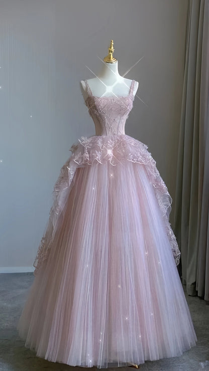 Pink Tulle Lace Long Prom Dress, Pink Evening Dress Birthday Dresses