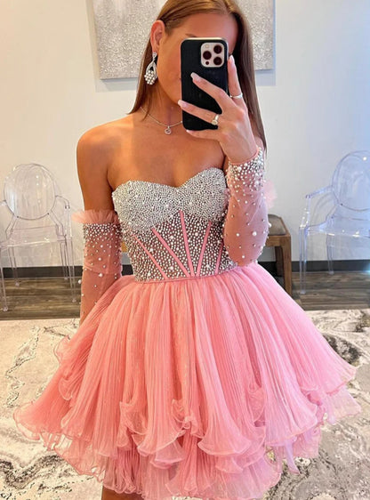 Pink Tulle Strapless Pleats Pearls Homecoming Dress