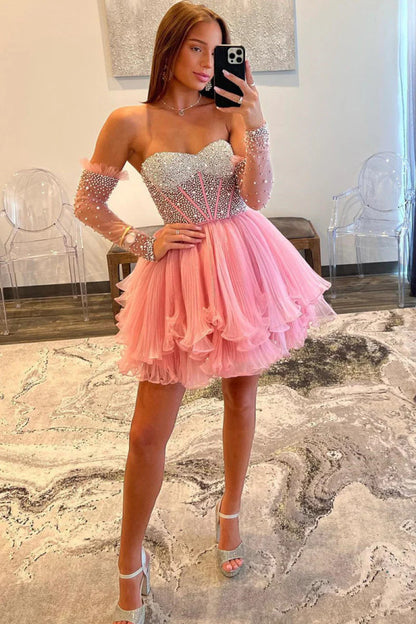 Pink Tulle Strapless Pleats Pearls Homecoming Dress