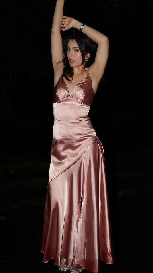 Pink V-neck Silk Satin Party Dress, Floor Length Evening Prom Dress