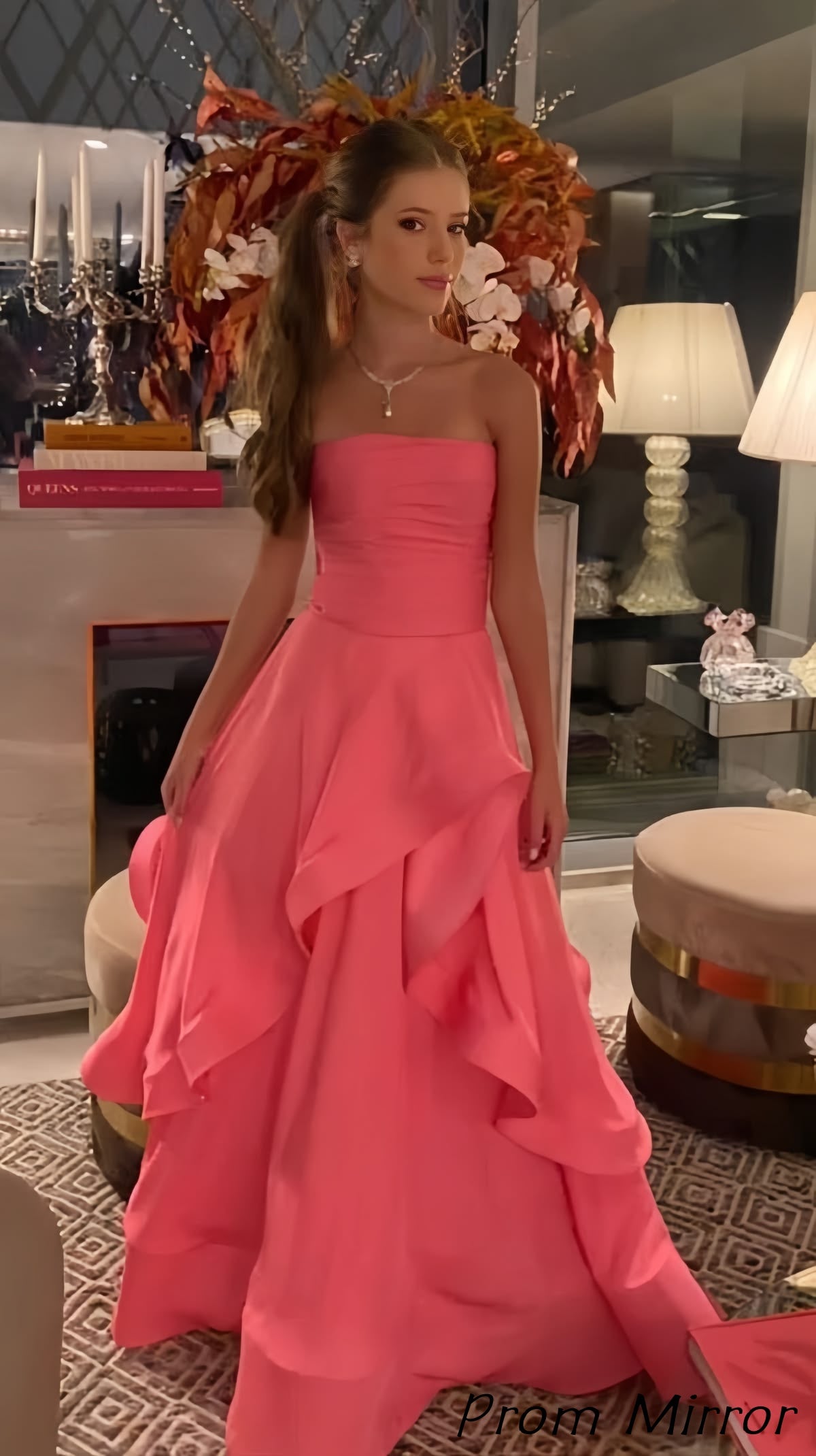 Pink Strapless Ruffle Prom Dresses Long Evening Formal Gown
