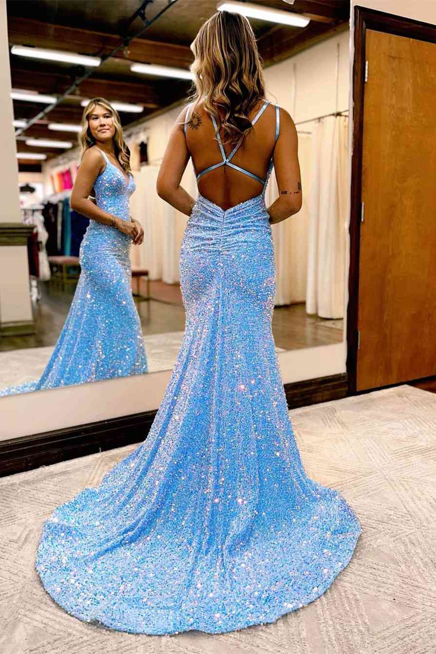 Popular Mermaid Sequin V-neck Senior Prom Dress Cross Back Evening Party Dress