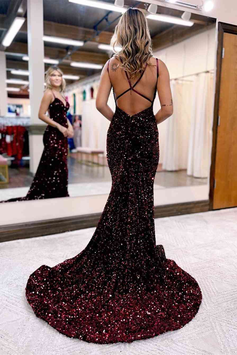 Popular Mermaid Sequin V-neck Senior Prom Dress Cross Back Evening Party Dress