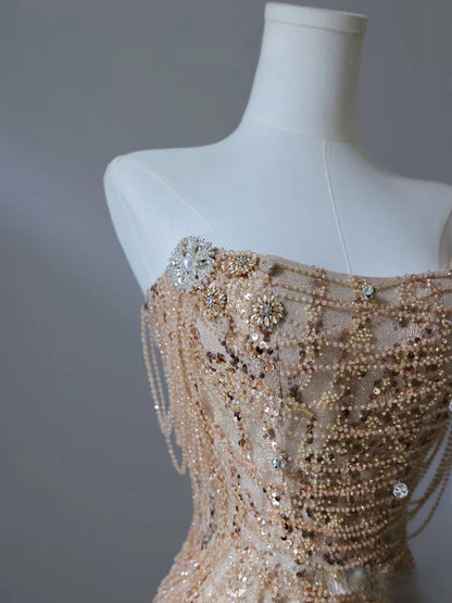 Pretty Mermaid Strapless Gold Sequin Beads Long Prom Dresses Formal Evening Dress